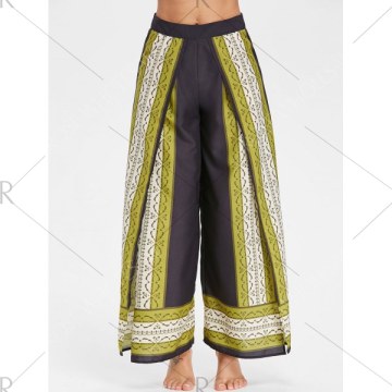 Tribal Print High Slit Wide Leg Pants - Black