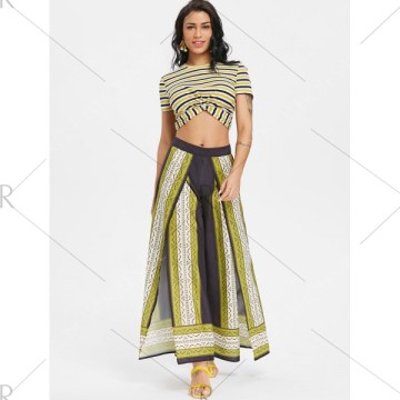Tribal Print High Slit Wide Leg Pants - Black