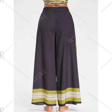 Tribal Print High Slit Wide Leg Pants - Black