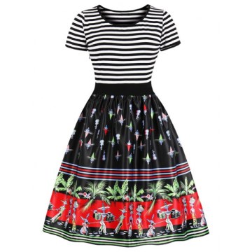 Tribe Print Striped Panel A Line Dress - Black