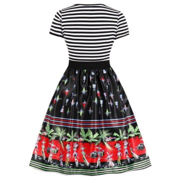 Tribe Print Striped Panel A Line Dress - Black