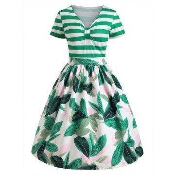 Tropical Print Striped Pin Up Vintage Dress - Green