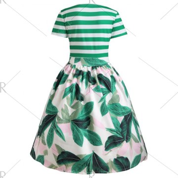 Tropical Print Striped Pin Up Vintage Dress - Green