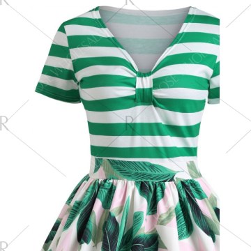 Tropical Print Striped Pin Up Vintage Dress - Green