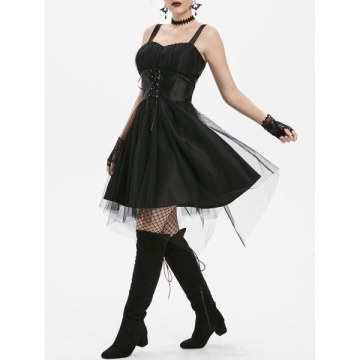 Tulle Overlay Lace Up Cami Party Dress - Black