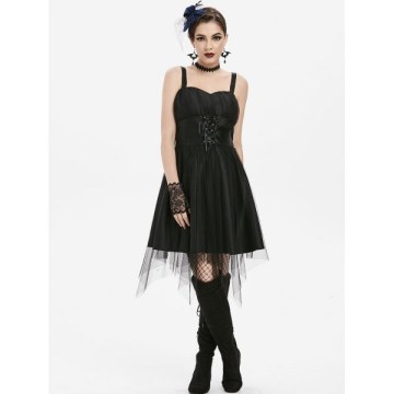 Tulle Overlay Lace Up Cami Party Dress - Black