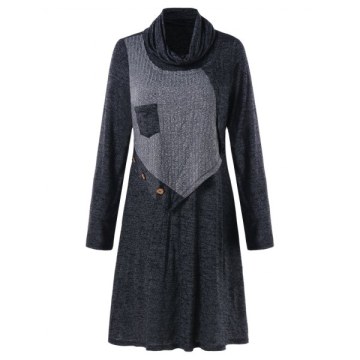 Turtleneck Contrast Overlay Dress - Dark Gray
