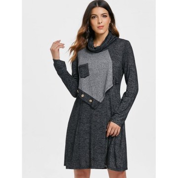 Turtleneck Contrast Overlay Dress - Dark Gray