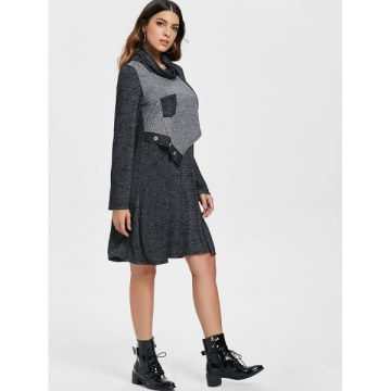 Turtleneck Contrast Overlay Dress - Dark Gray