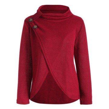 Turtleneck Crossover Front Buttoned Sweater - Red Wine