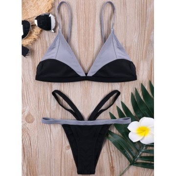 Two Tone Cut Out Bikini Set - Black