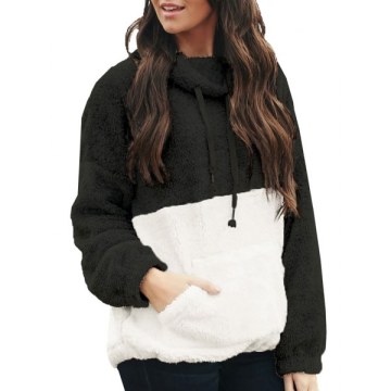 Two Tone Fluffy Drawstring Drop Shoulder Sweatshirt - Black