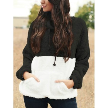 Two Tone Fluffy Drawstring Drop Shoulder Sweatshirt - Black