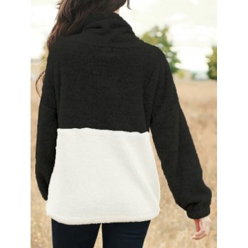 Two Tone Fluffy Drawstring Drop Shoulder Sweatshirt - Black