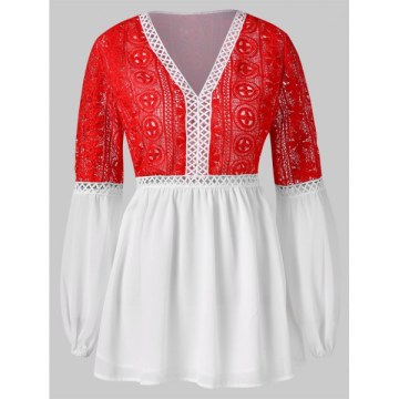 Two Tone Lace Crochet Peplum Blouse - White