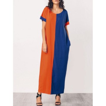 Two Tone Middle East Casual Maxi Dress - Orange   Blue