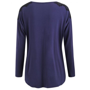 Two Tones Crochet Panel Long leeve T-shirt - Deep Blue