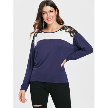 Two Tones Crochet Panel Long leeve T-shirt - Deep Blue