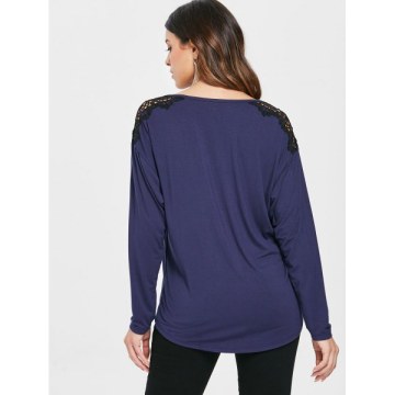 Two Tones Crochet Panel Long leeve T-shirt - Deep Blue