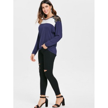Two Tones Crochet Panel Long leeve T-shirt - Deep Blue