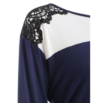 Two Tones Crochet Panel Long leeve T-shirt - Deep Blue