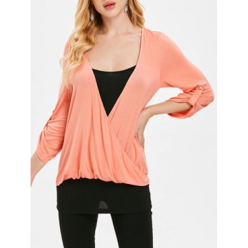 Two Tones Faux Two Piece Surplice Top - Orange Pink