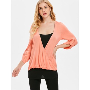 Two Tones Faux Two Piece Surplice Top - Orange Pink