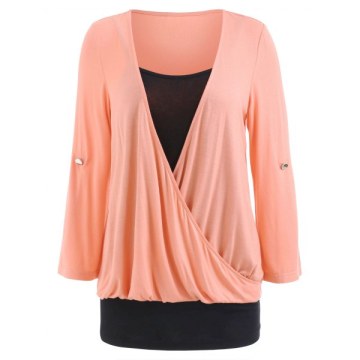 Two Tones Faux Two Piece Surplice Top - Orange Pink
