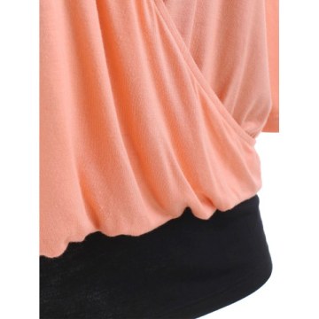 Two Tones Faux Two Piece Surplice Top - Orange Pink