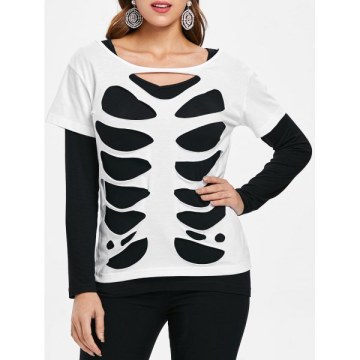 Two Tones Long Sleeve Tearing T-shirt - White