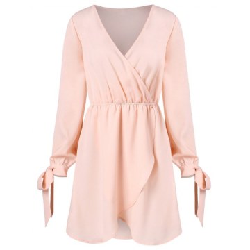V Neck Asymmetrical Surplice Dress - Light Pink