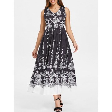 V Neck Baroque Printed Dress - Black