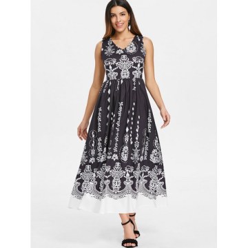 V Neck Baroque Printed Dress - Black