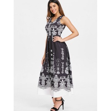 V Neck Baroque Printed Dress - Black