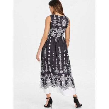 V Neck Baroque Printed Dress - Black