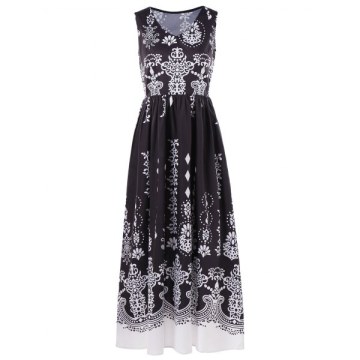 V Neck Baroque Printed Dress - Black