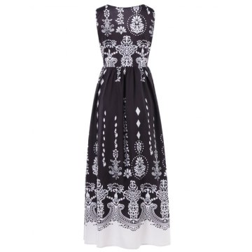 V Neck Baroque Printed Dress - Black