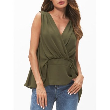 V Neck Chiffon Tank Top - Camouflage Green