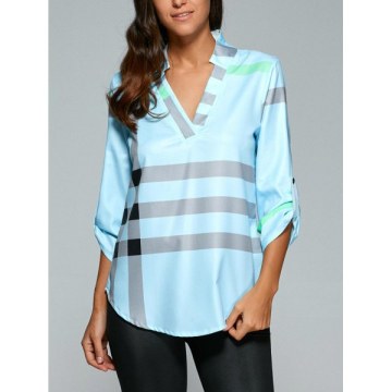 V Neck Color Block Tunic Blouse - Light Blue