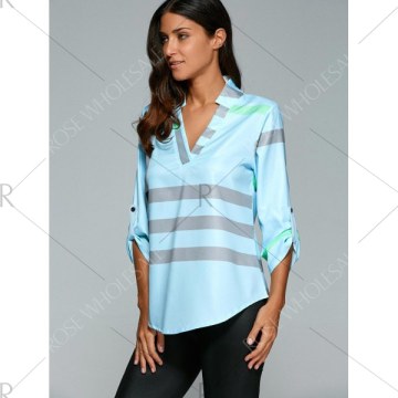 V Neck Color Block Tunic Blouse - Light Blue