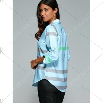 V Neck Color Block Tunic Blouse - Light Blue