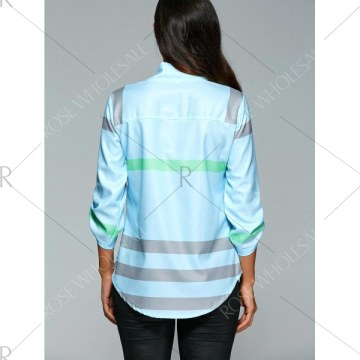V Neck Color Block Tunic Blouse - Light Blue