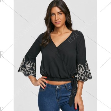 V Neck Flare Sleeve Embroidery Blouse - Black