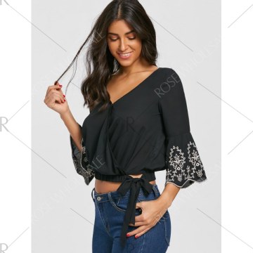 V Neck Flare Sleeve Embroidery Blouse - Black
