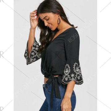 V Neck Flare Sleeve Embroidery Blouse - Black