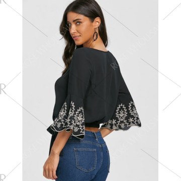 V Neck Flare Sleeve Embroidery Blouse - Black