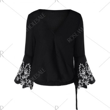 V Neck Flare Sleeve Embroidery Blouse - Black
