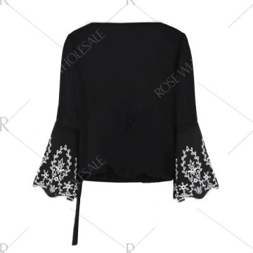 V Neck Flare Sleeve Embroidery Blouse - Black