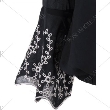 V Neck Flare Sleeve Embroidery Blouse - Black