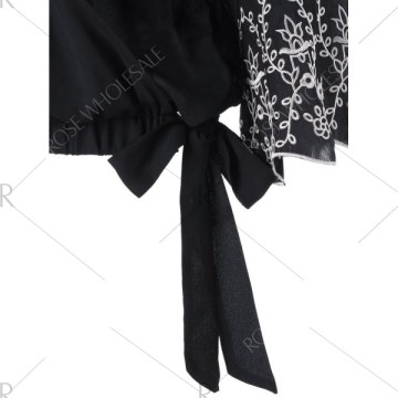 V Neck Flare Sleeve Embroidery Blouse - Black